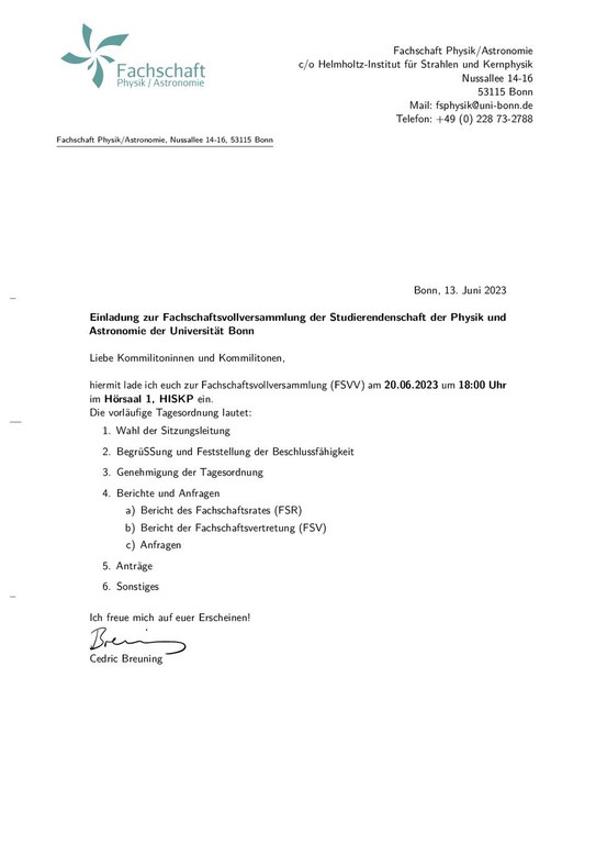 Einladung zur FSVV am 2023-06-20
