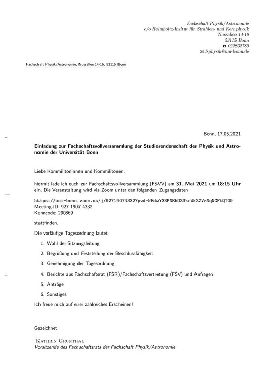 Einladung zur FSVV am 2021-05-31