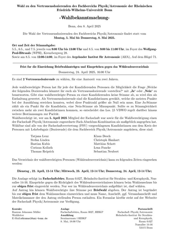 Wahlbekanntmachung Vertrauensdozierendenwahl Physik/Astronomie