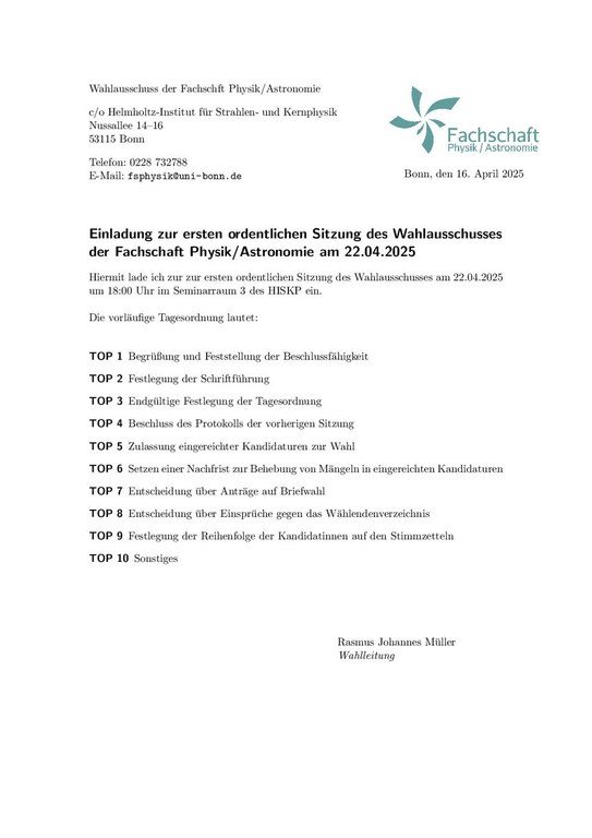Einladung zur 1. Ordentlichen Sitzung des Wahlausschusses am 22.04.2025