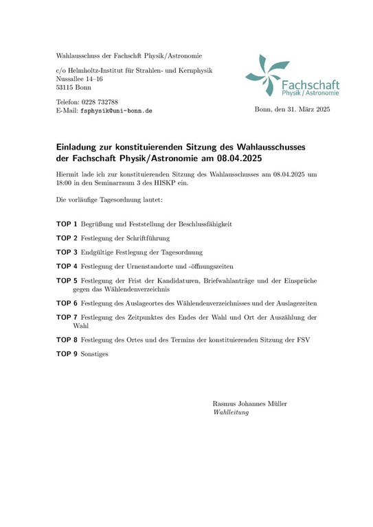 Einladung zur konstituierenden Sitzung des Wahlausschusses am 08.04.2025 Einladung zur konstituierenden Sitzung des Wahlausschusses am 08.04.2025