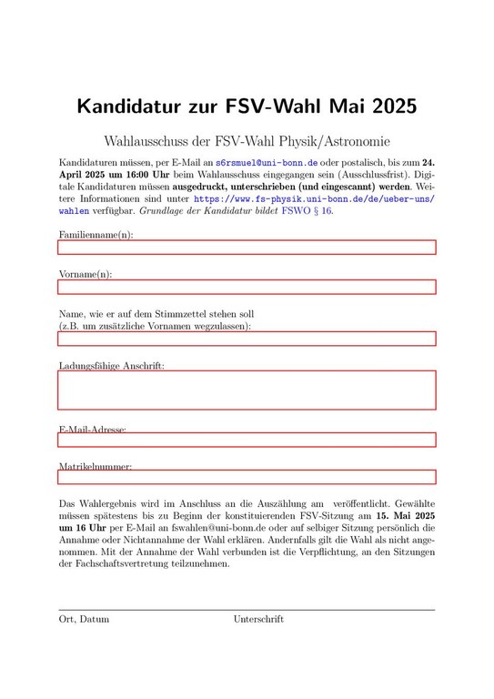 Kandidaturbogen zur FSV-Wahl Mai 2025