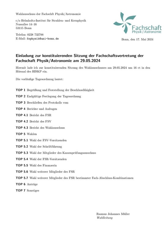 Einladung konstituierende Sitzung der FSV am 29.05.2024 (pdf)